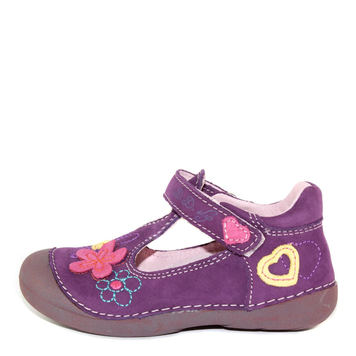 D.D. Step Toddler Single Strap Girl Sandals/Dress Shoes Dark Purple With Flowers - Supportive Leather From Europe Kids Orthopedic - shoekid.ca