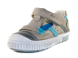 D.D. Step Little Kid Boy Double Strap Sandals/Open Shoes Grey With Blue Stripe - Supportive Leather From Europe Kids Orthopedic - shoekid.ca