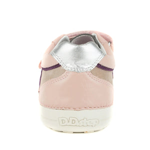 D.D. Step Big Kid Girl Double Strap Shoes Beige And Light Pink With Purple Silver Stripe - Supportive Leather From Europe Kids Orthopedic - shoekid.ca