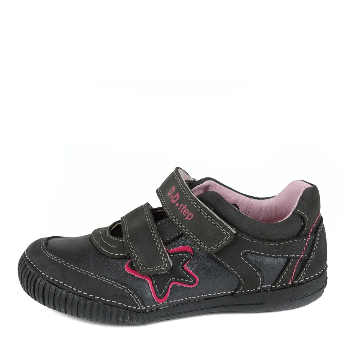 D.D. Step Big Kid Girl Double Strap Shoes Black With Star - Supportive Leather From Europe Kids Orthopedic - shoekid.ca