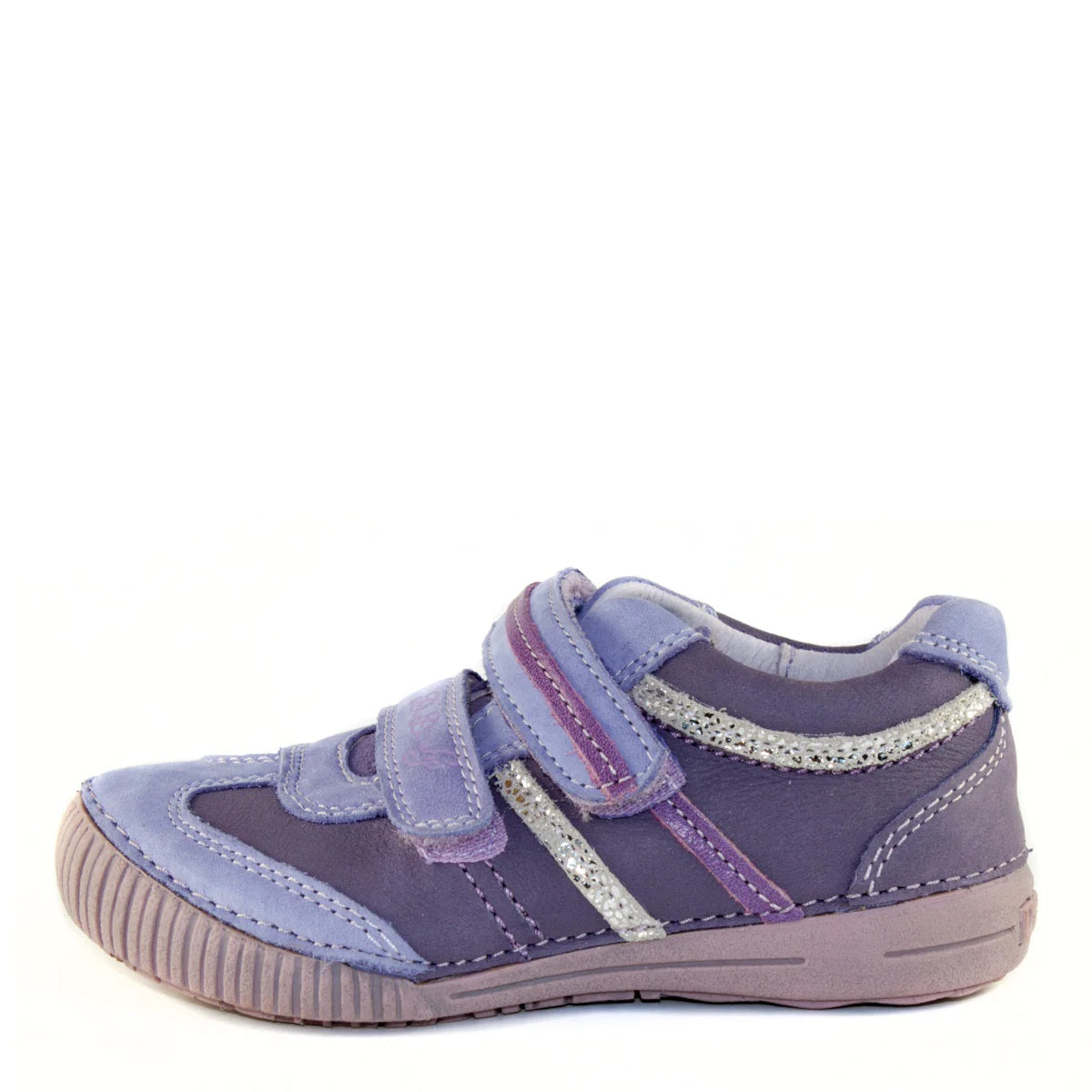 D.D. Step Little Kid Girl Double Strap Shoes Violet With Silver And Purple Stripes - Supportive Leather From Europe Kids Orthopedic - shoekid.ca