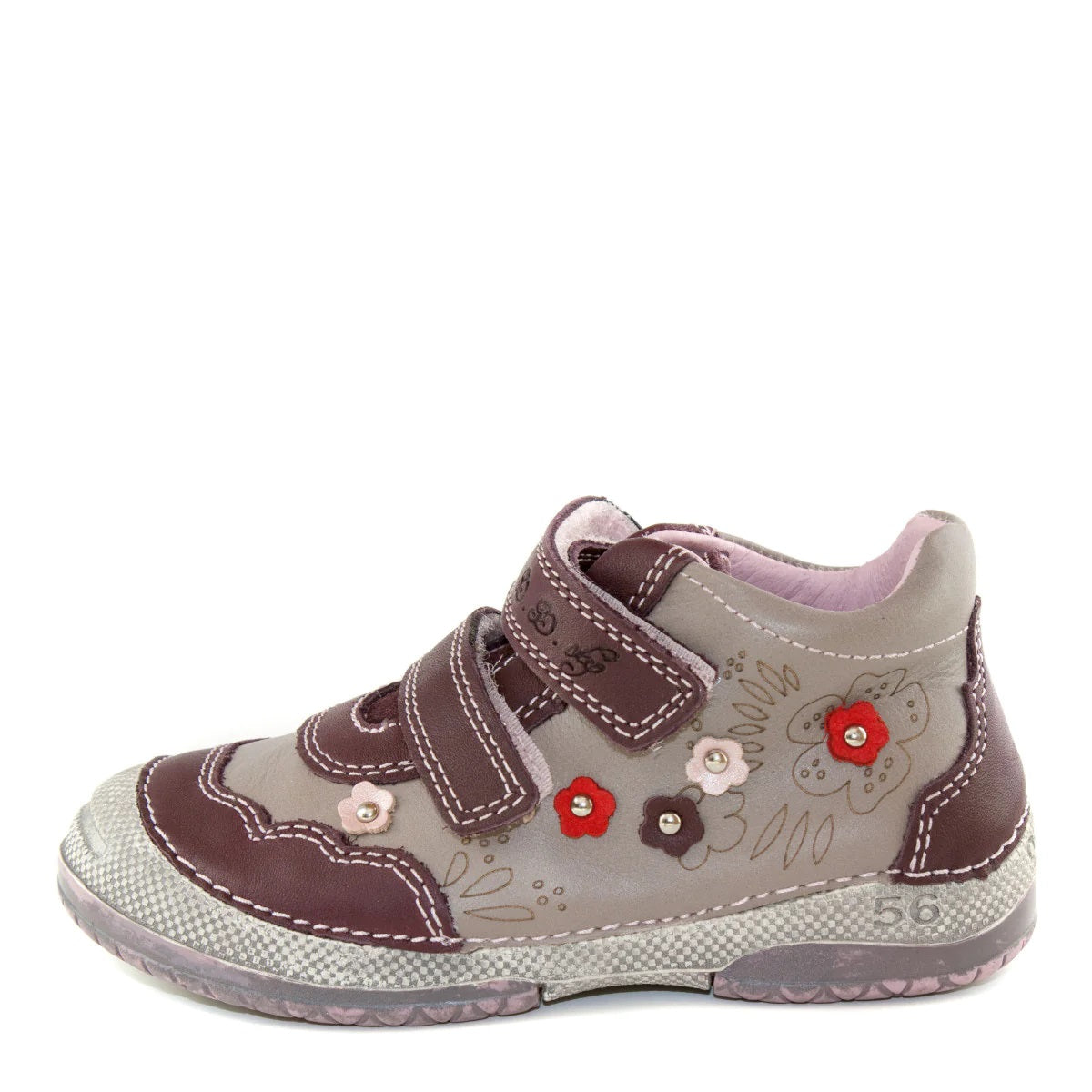 D.D. Step Toddler Girl Shoes Grey And Mauve With Drawings Flowers - Supportive Leather From Europe Kids Orthopedic - shoekid.ca