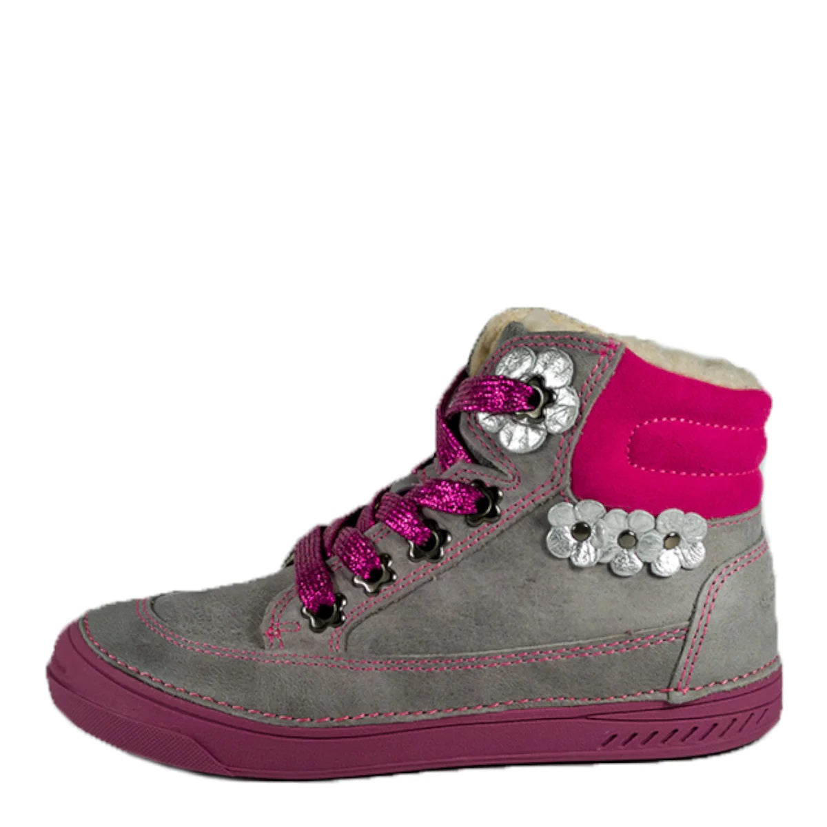 D.D. Step Big Kid Girl Shoes/Winter Boots With Faux Fur Insulation Grey Neon Pink And Silver Flowers - Supportive Leather Shoes From Europe Kids Orthopedic - shoekid.ca