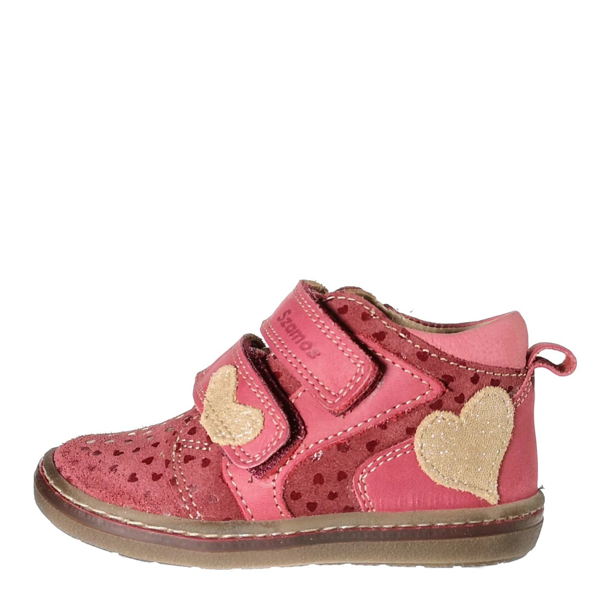 Premium quality sneakers made from 100% genuine leather lining and upper, red with beige heart decor and double velcro straps. This Szamos Kids product meets the highest expectations of healthy and comfortable kids shoes. The exceptional comfort these shoes provide assure the well-being and happiness of your child.