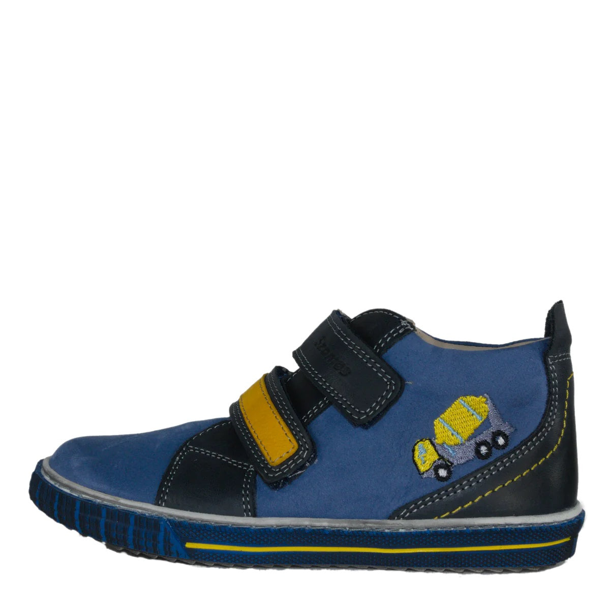 Szamos kid boy sneakers light blue with navy blue velcro straps and mixer car decor little kid/big kid size