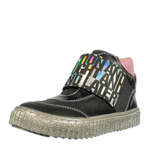 Szamos kid girl high-top shoes black with wide shiny graphic stretchy strap and side zipper little kid/big kid size - TinyShoes