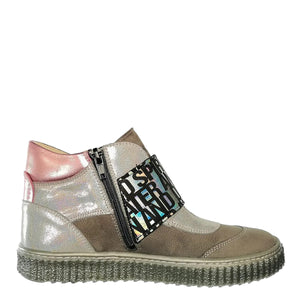 Szamos kid girl high-top shoes grey and pink with wide shiny graphic strechy strap and side zipper little kid/big kid size - TinyShoes