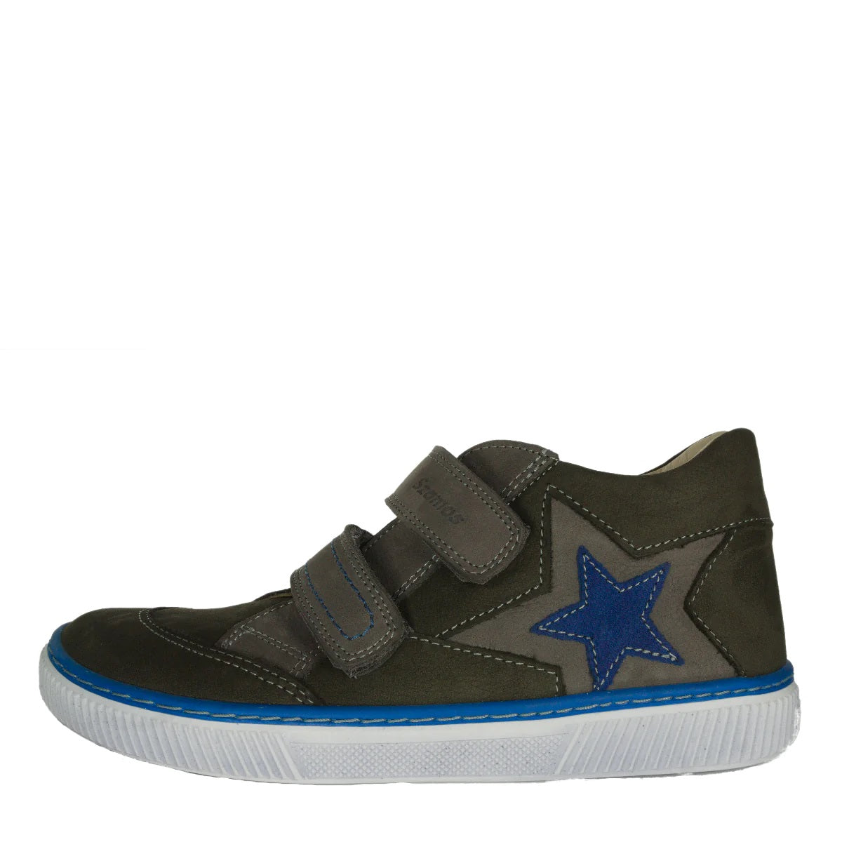 Szamos kid boy sneakers khaki with brown velcro straps and blue star decor big kid size