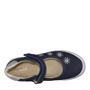 Szamos Kid Girl Dress Shoes In Denim Blue Color And White Flowers With Velcro Strap - Made In Europe - shoekid.ca