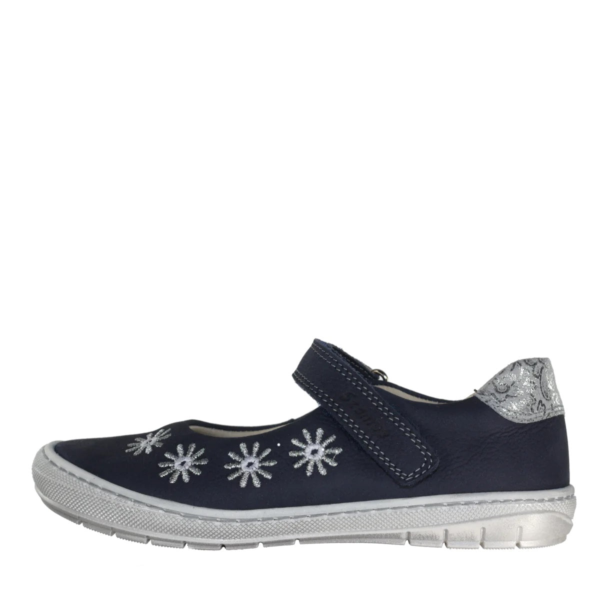Szamos Kid Girl Dress Shoes In Denim Blue Color And White Flowers With Velcro Strap - Made In Europe - shoekid.ca
