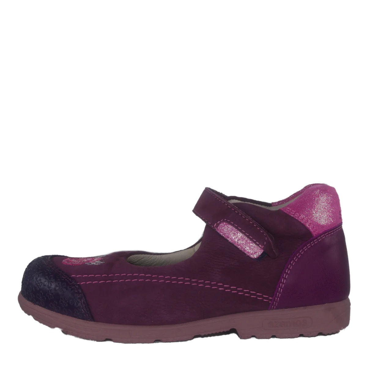 Szamos kid girl supinated dress shoes in burgundy color and pink details with velcro strap little kid/big kid size