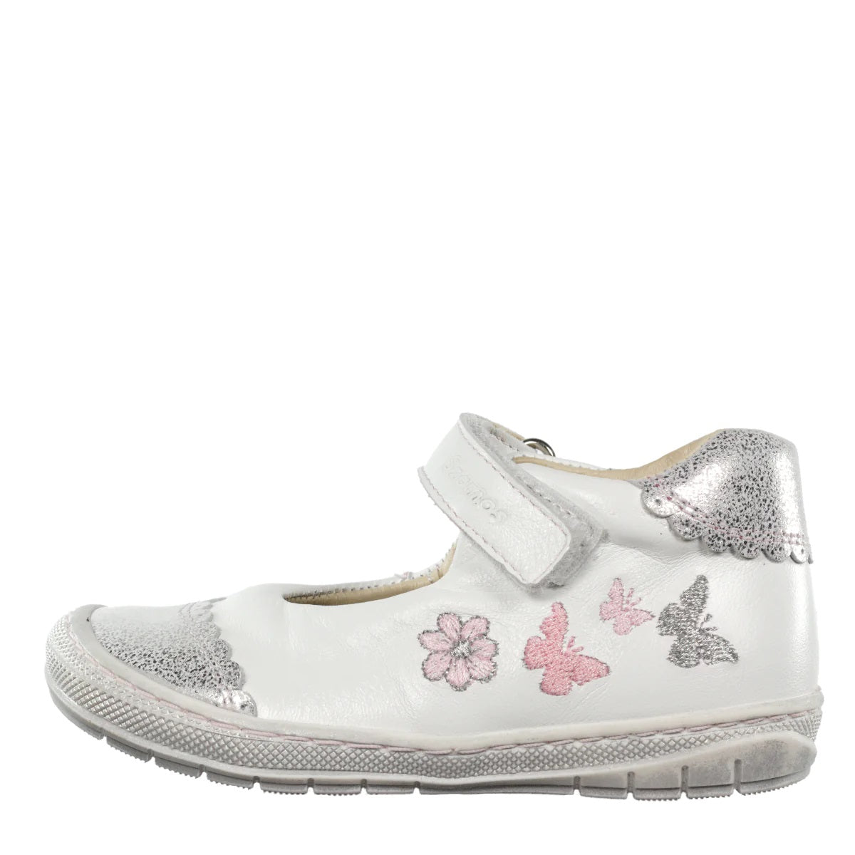 Szamos Kid Girl Dress Shoes In White With Silver Glitter And Butterflies And Velcro Strap - Made In Europe - shoekid.ca