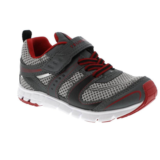 Tsukihoshi Velocity boys' running shoe in graphite and red, lightweight and machine washable