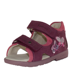 Szamos Kid Girl Supinated Sandals In Dark Pink Color And Butterfly Pattern With Double Velcro Strap - Made In Europe - shoekid.ca