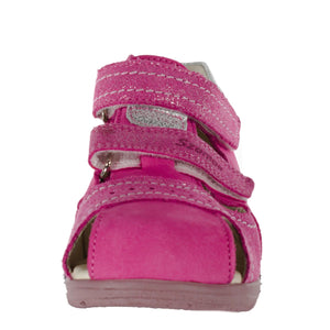 Szamos kid girl sandals in pink color and butterfly pattern with double velcro strap toddler/little kid size - TinyShoes