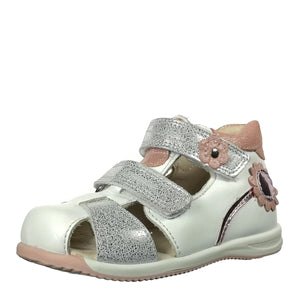 Szamos kid girl sandals in white color and flower pattern with silver glitter double velcro strap toddler/little kid size - TinyShoes