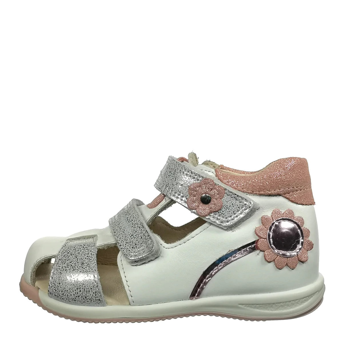 Premium quality sandals made from 100% genuine leather lining and upper, white color and flower pattern with silver glitter double velcro strap. This Szamos Kids product meets the highest expectations of healthy and comfortable kids shoes. The exceptional comfort these shoes provide assure the well-being and happiness of your child.