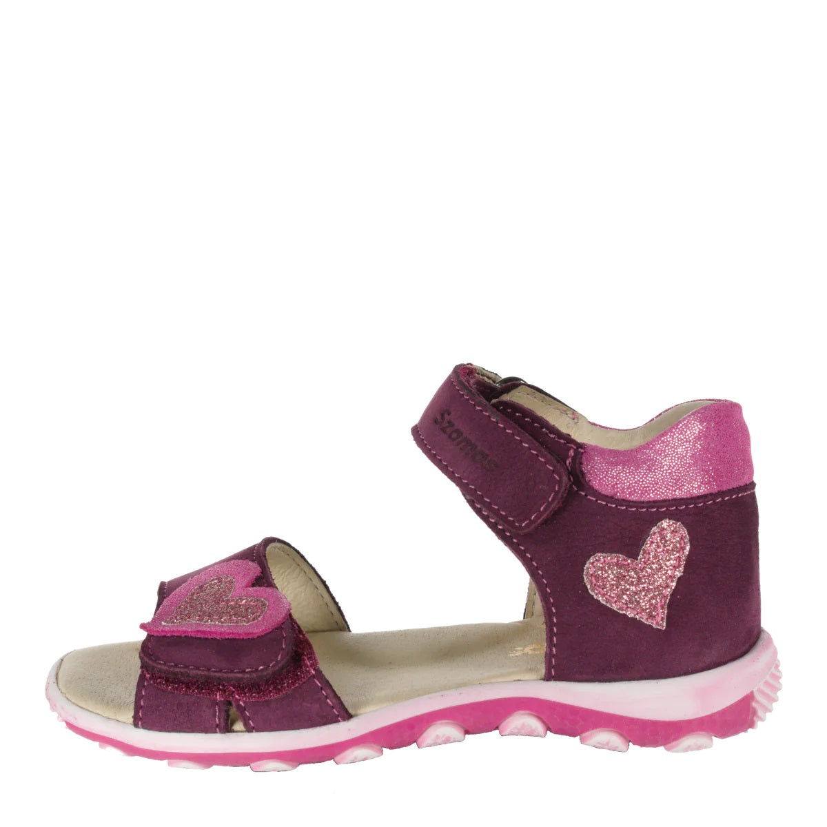 Szamos Kid Girl Sandals In Burgundy Color And Heart Pattern Double Velcro Strap - Made In Europe - shoekid.ca