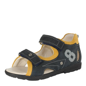 Szamos kid boy supinated sandals in black and yellow color and number pattern with double velcro strap toddler/little kid size - TinyShoes