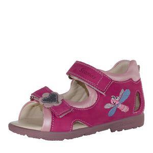 Szamos kid girl supinated sandals in pink color and fly pattern with double velcro strap toddler/little kid size - TinyShoes