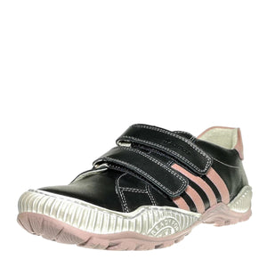 Szamos kid girl sneakers in black color with pink stripes and double velcro strap big kid size - TinyShoes