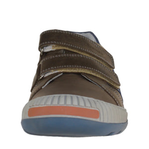 Szamos Kid Boy Sneakers In Brown Color With Blue Stripes And Double Velcro Strap - Made In Europe - shoekid.ca