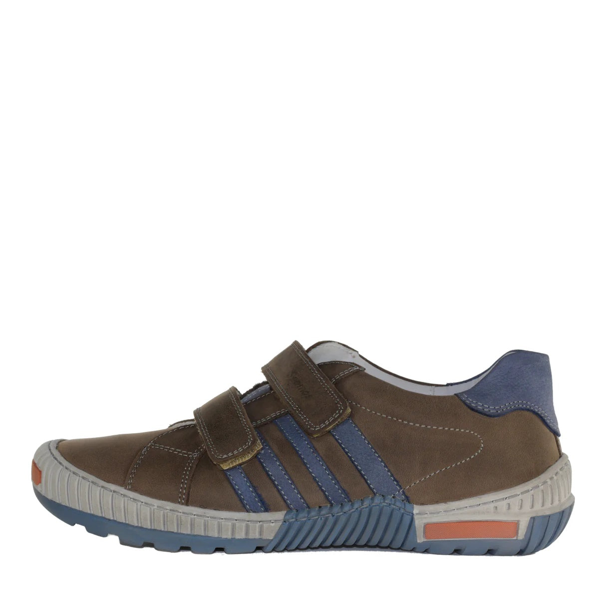 Szamos Kid Boy Sneakers In Brown Color With Blue Stripes And Double Velcro Strap - Made In Europe - shoekid.ca