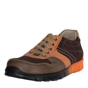 Szamos Kid Boy Sneakers In Brown Color With Orange Detail And Laces - Made In Europe - shoekid.ca