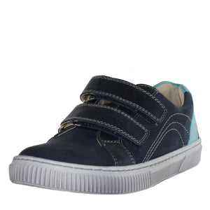 Szamos Kid Boy Sneakers In Dark Blue Color With Bermuda Blue Detail And Double Velcro Strap - Made In Europe - shoekid.ca