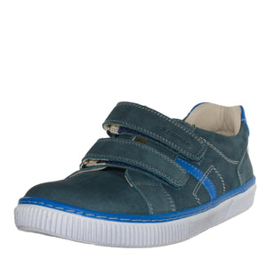Szamos Kid Boy Sneakers In Dark Grey And Blue Color With Double Velcro Strap - Made In Europe - shoekid.ca