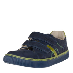 Szamos Kid Boy Sneakers In Dark Blue And Neon Green Color With Double Velcro Strap - Made In Europe - shoekid.ca