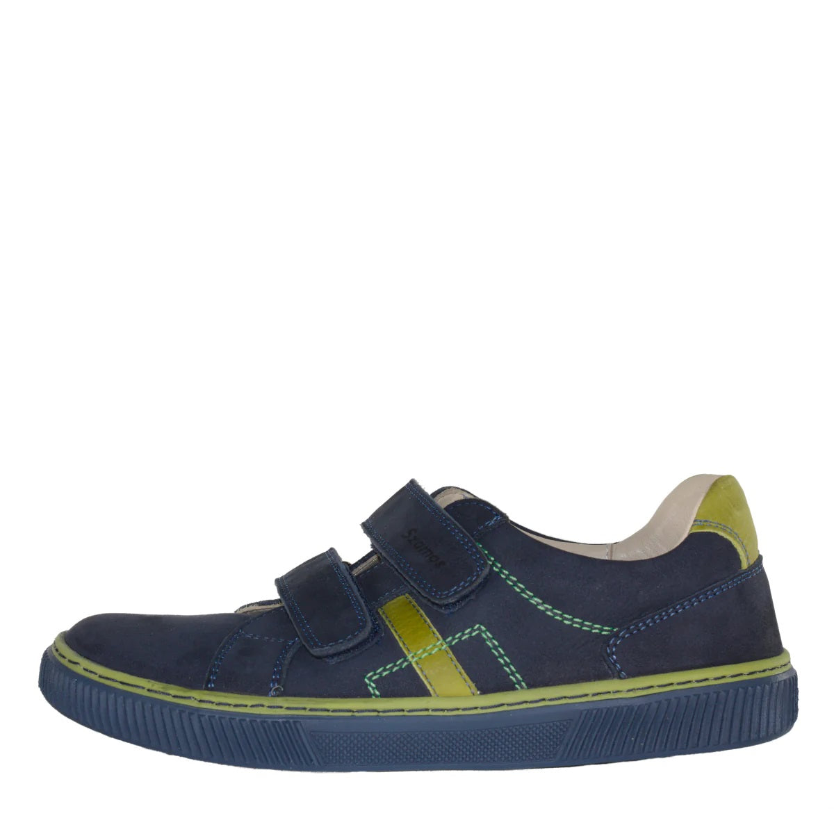Szamos Kid Boy Sneakers In Dark Blue And Neon Green Color With Double Velcro Strap - Made In Europe - shoekid.ca