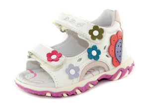 D.D. Step Girls Sandals White With Colourful Flowers - Supportive Leather Shoes From Europe Kids Orthopedic - shoekid.ca