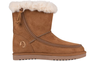 Chestnut BILLY Cozy Kids Boots with faux suede, flannel lining, adjustable laces, ideal for wide feet, orthotics, plantar fasciitis.