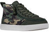 Kid&#39;s Olive Camo BILLY Classic WDR High Tops, zipper shoes, like velcro, that are adaptive, accessible, inclusive and use universal design to accommodate an afo. BILLY Footwear is medium and wide width, M, D and EEE, are comfortable, and come in toddler, kids, mens, and womens sizing.