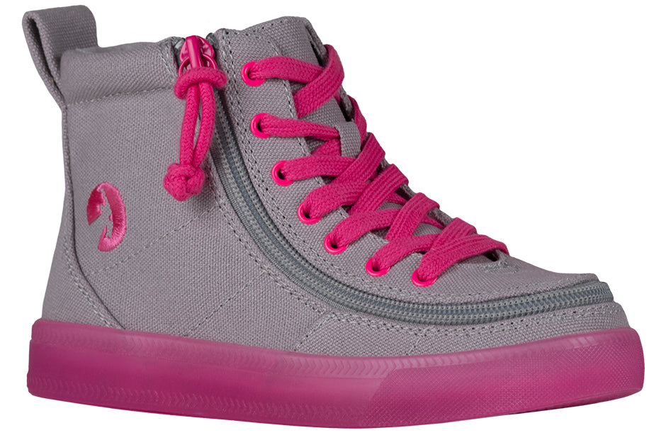 Grey/Pink BILLY Classic Lace High Tops with vibrant sole; suitable for diabetes, plantar fasciitis, bunions, wide feet, orthotics.