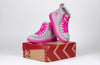 Grey/Pink BILLY Classic Lace High Tops for kids on a shoebox, suitable for wide feet, plantar fasciitis, and orthotic use.