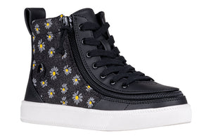 Black Daisy BILLY Classic Lace High Tops with flowers, shoes for diabetes, plantar fasciitis, bunions, wide feet, and orthotics.