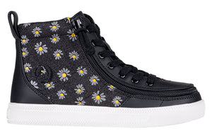 Black Daisy BILLY Classic Lace High Tops with wraparound zipper for kids, suitable for diabetes, plantar fasciitis, bunions, wide feet.
