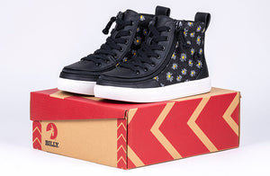 Black Daisy BILLY Classic Lace High Tops on box, ideal shoes for diabetes, plantar fasciitis, bunions, wide feet, and orthotics.