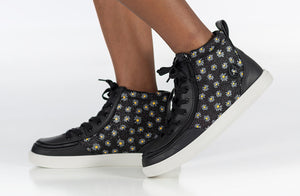 Black Daisy BILLY Classic Lace High Tops with daisies, wraparound zipper, and laces. Ideal shoes for diabetes, plantar fasciitis, and orthotics.