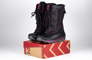 Black/Pink BILLY Ice II Winter Boots on box, ideal for diabetes, plantar fasciitis, bunions, wide feet, wheelchair use, orthotics.