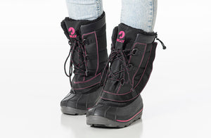 Black/Pink BILLY Ice II Winter Boots for wide feet, orthotics, and diabetic comfort, featuring insulated and easy-access design.