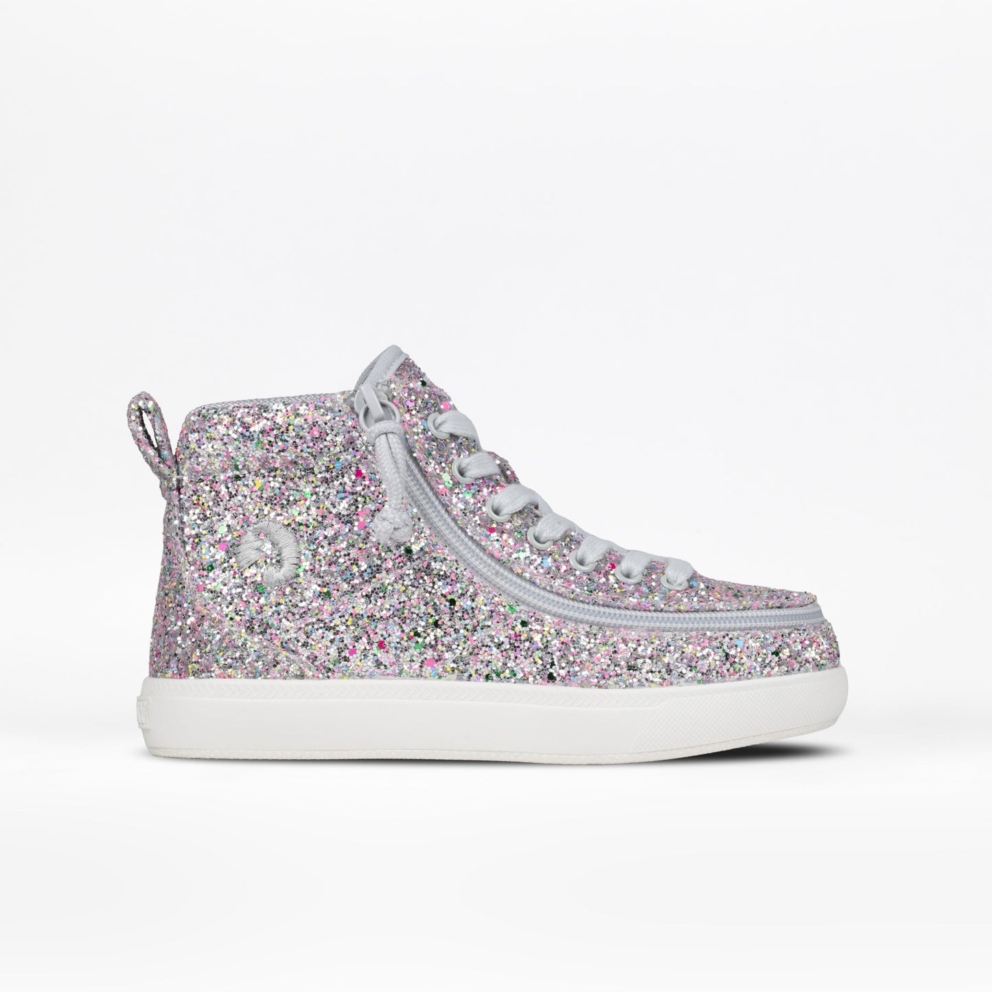 Silver multi glitter BILLY Classic D|R II kids' high top, AFO-ready with wraparound zipper and extra-depth fit