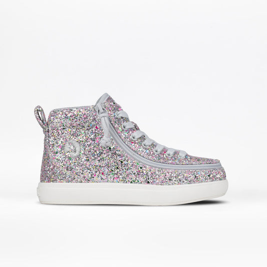 Silver multi glitter BILLY Classic D|R II kids' high top, AFO-ready with wraparound zipper and extra-depth fit