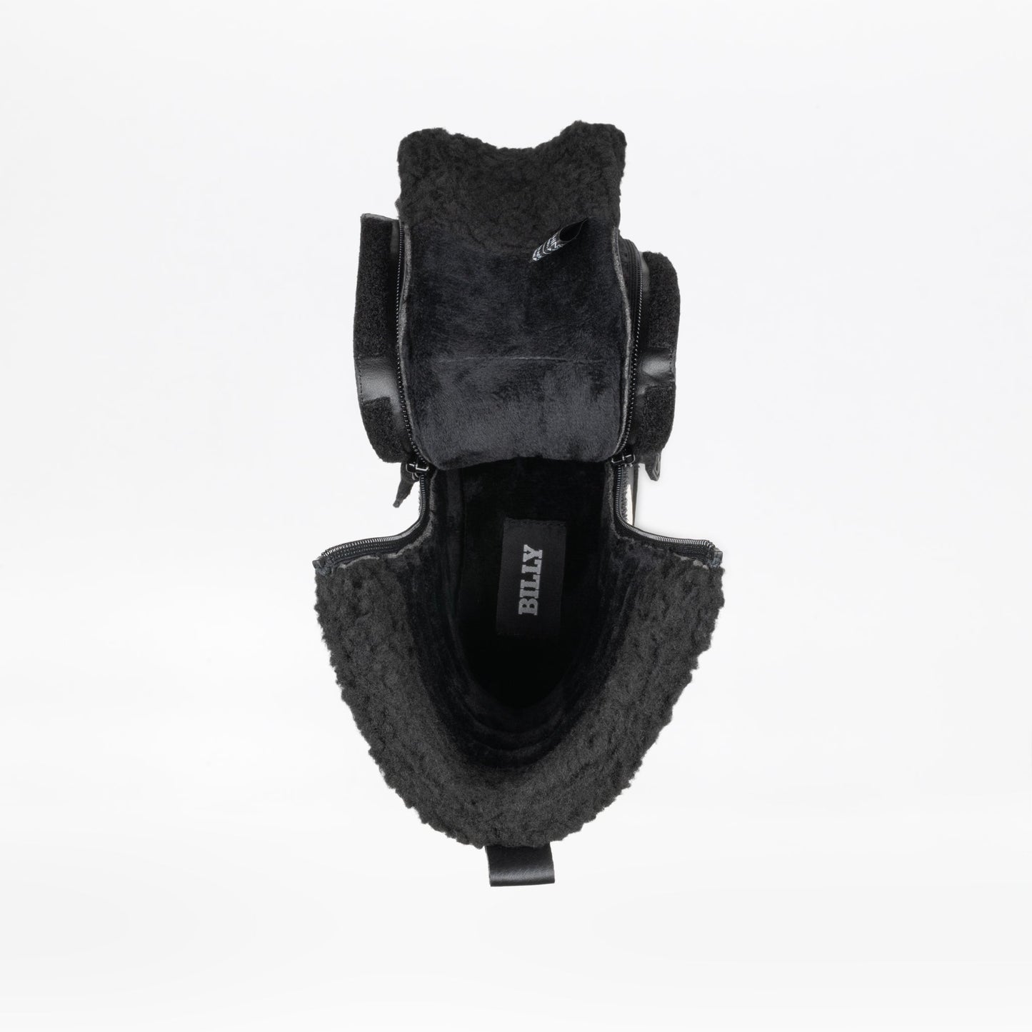 Black shoe with textured sole and visible brand logo on a white background