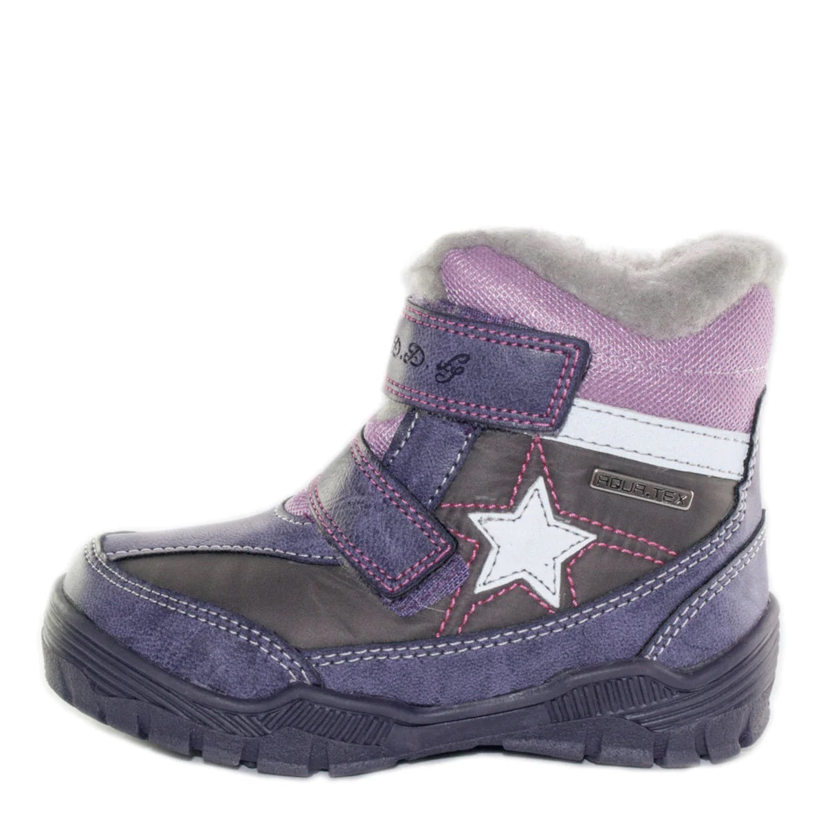 D.D. Step Little Kid Girl Shoes/Winter Boots With Faux Fur Insulation Purple Pink And Grey Star - Supportive Leather Shoes From Europe Kids Orthopedic - shoekid.ca