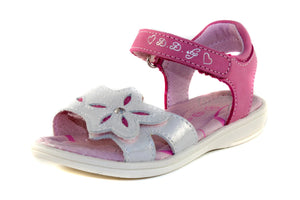 D.D. Step Little Kid Double Strap Girl Sandals Pink And Shiny White With Flower - Supportive Leather Shoes From Europe Kids Orthopedic - shoekid.ca