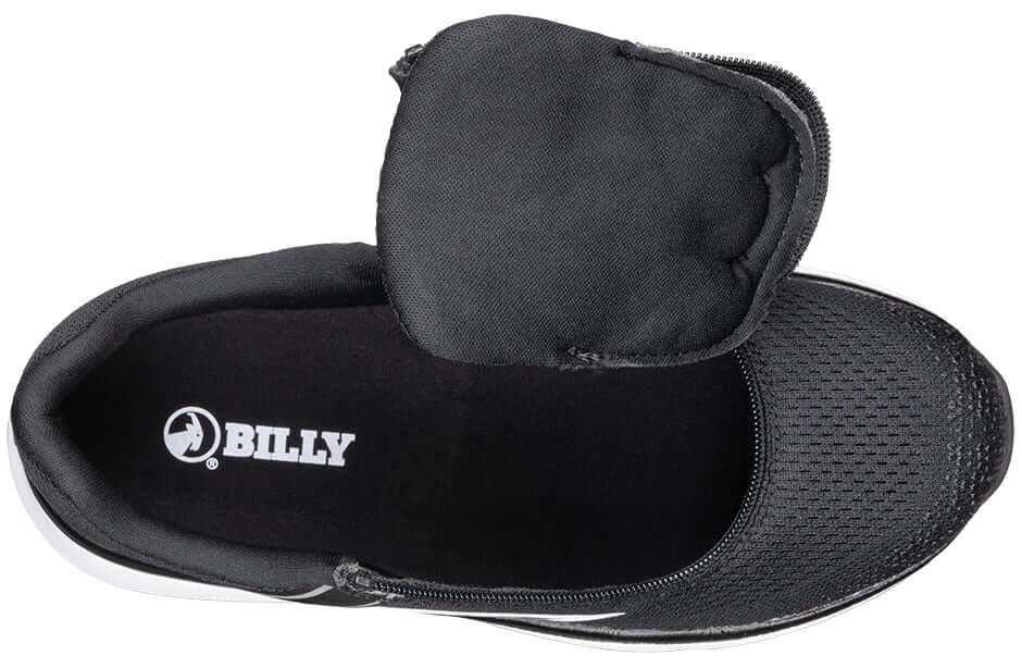 Top view of BILLY Women's Black/White Sport Inclusion Too Athletic Sneaker showing padded insole and easy access zipper for orthopedic needs.