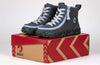 Charcoal/Blue Speckle BILLY Classic Lace High Tops with zipper, showcasing easy on/off for kids, displayed on a box.